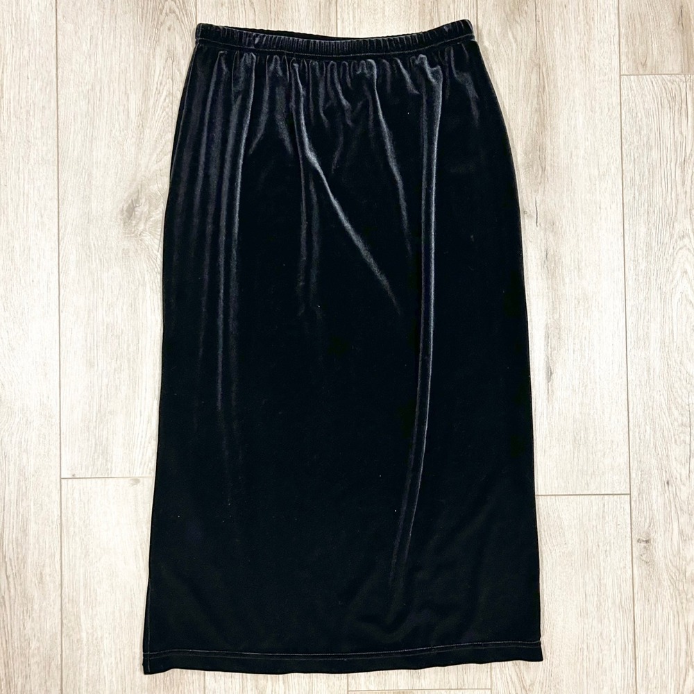 Y2K Kim Rogers Black Velvet Midi Skirt Side Slit Petite Large LP Elastic